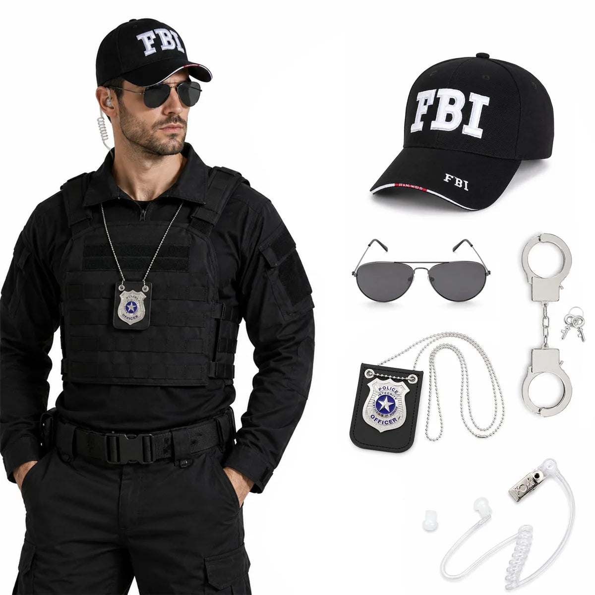 Front view of the secret agent costume accessory set, showing its overall shape and visible design.