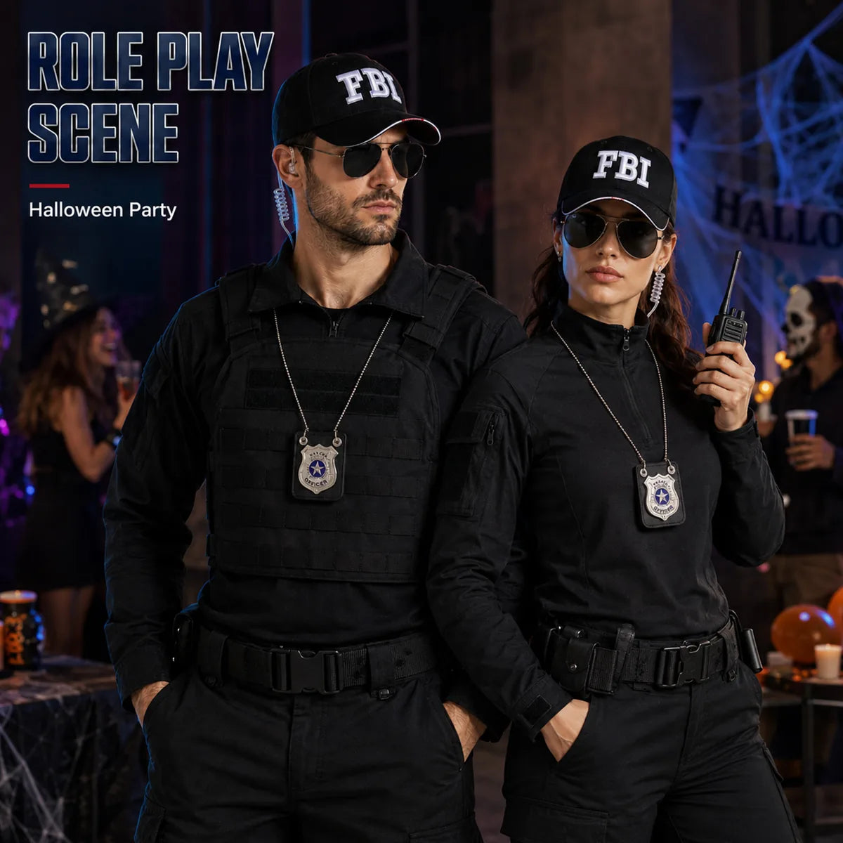 The secret agent costume accessory set displayed in a styled Halloween scene for visual context.