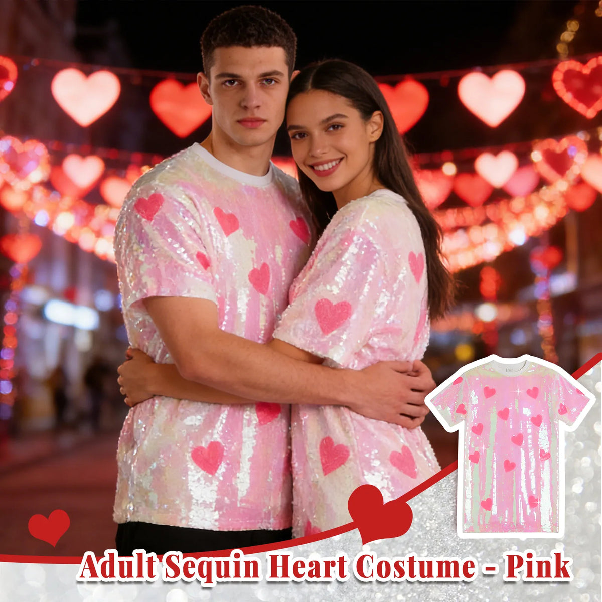 Matching pink sequin heart shirts for a coordinated group look