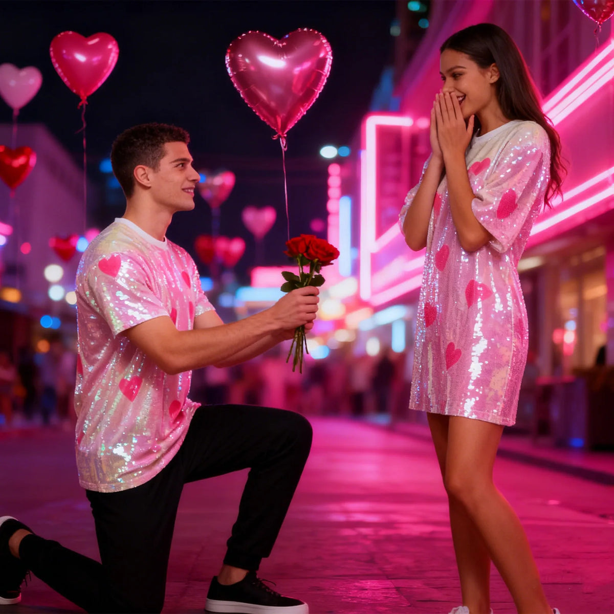 Pink sequin shirt styled for a sparkling night out