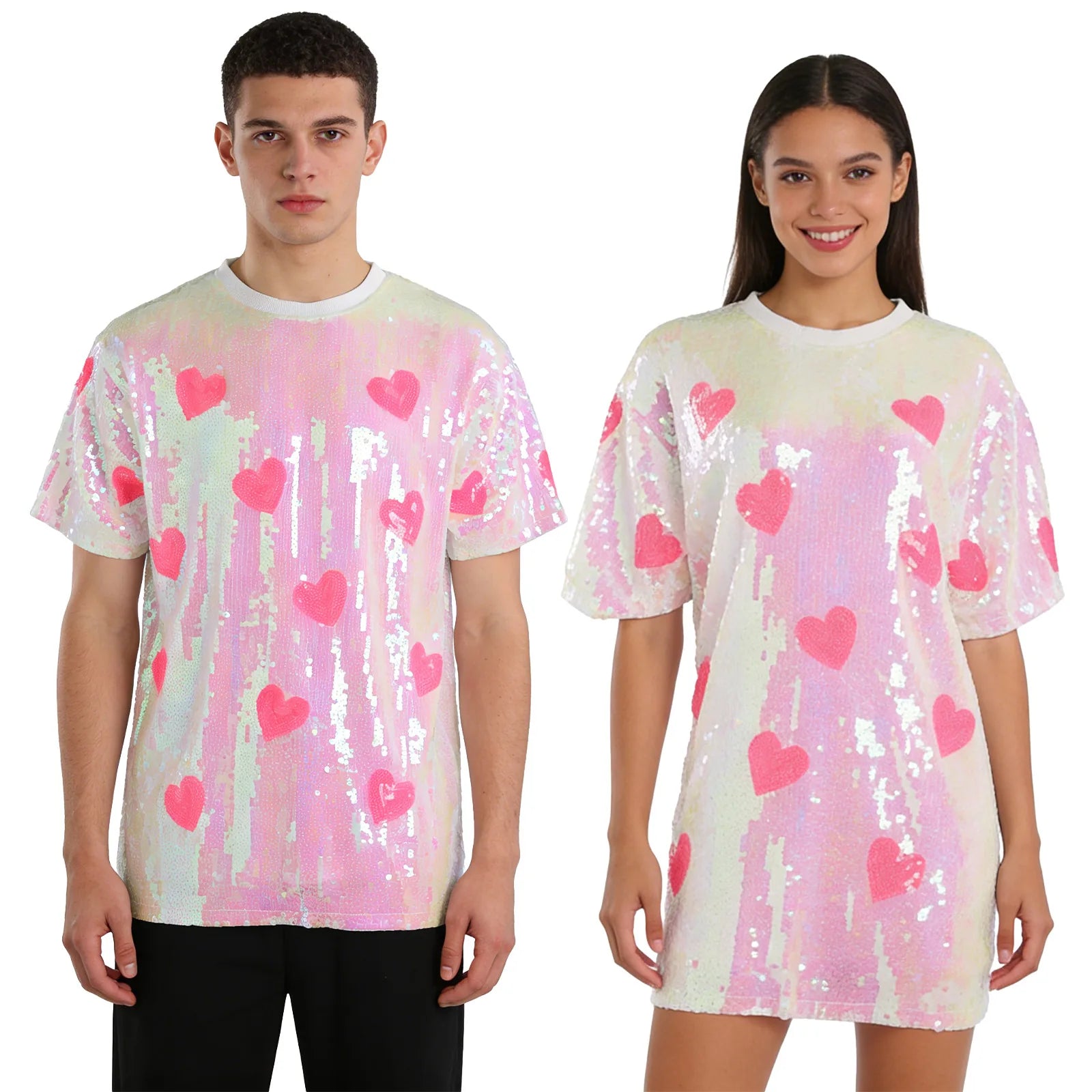 Adults wearing the pink sequin heart shirt with bright heart motifs