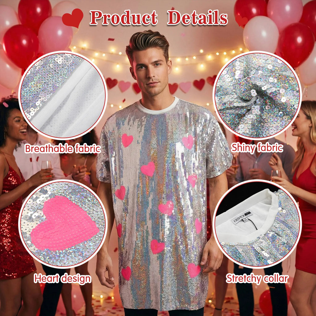 Close-up views of silver sequins, pink heart motifs and the white crew neckline