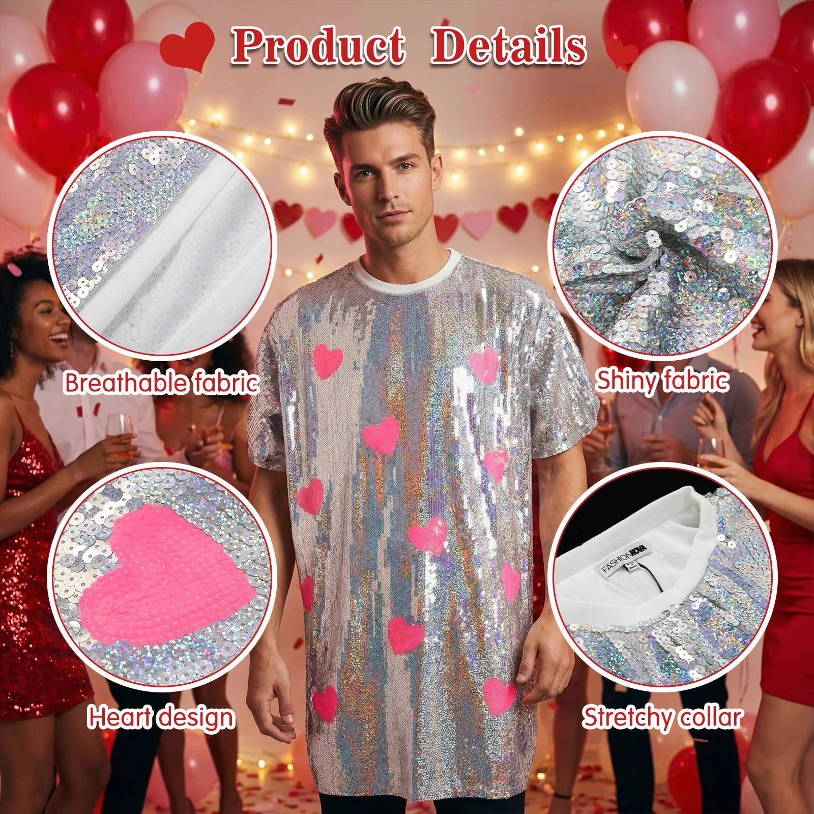 Close-up views of silver sequins, pink heart motifs and the white crew neckline