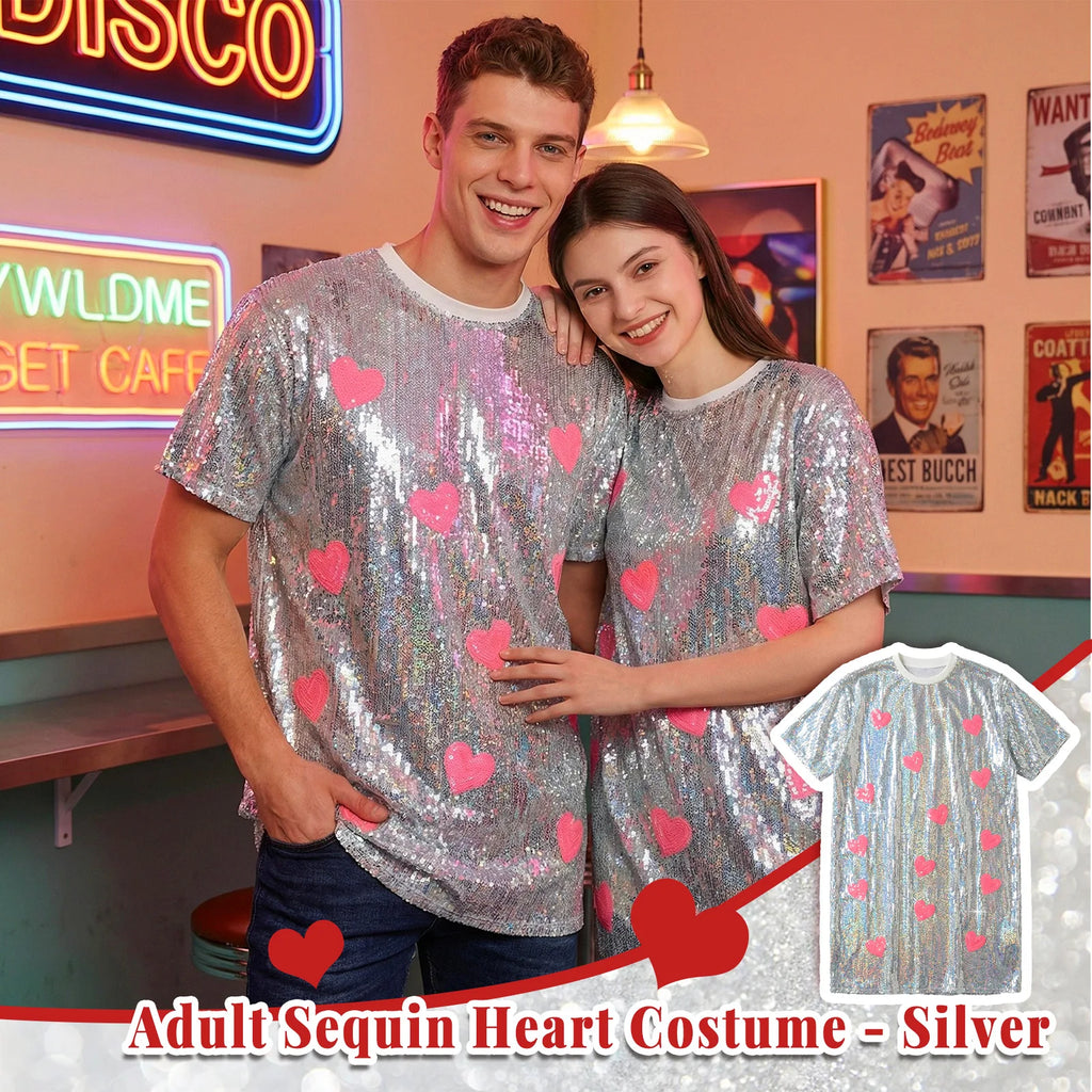 Couple wearing matching silver sequin heart shirts in a retro party setting