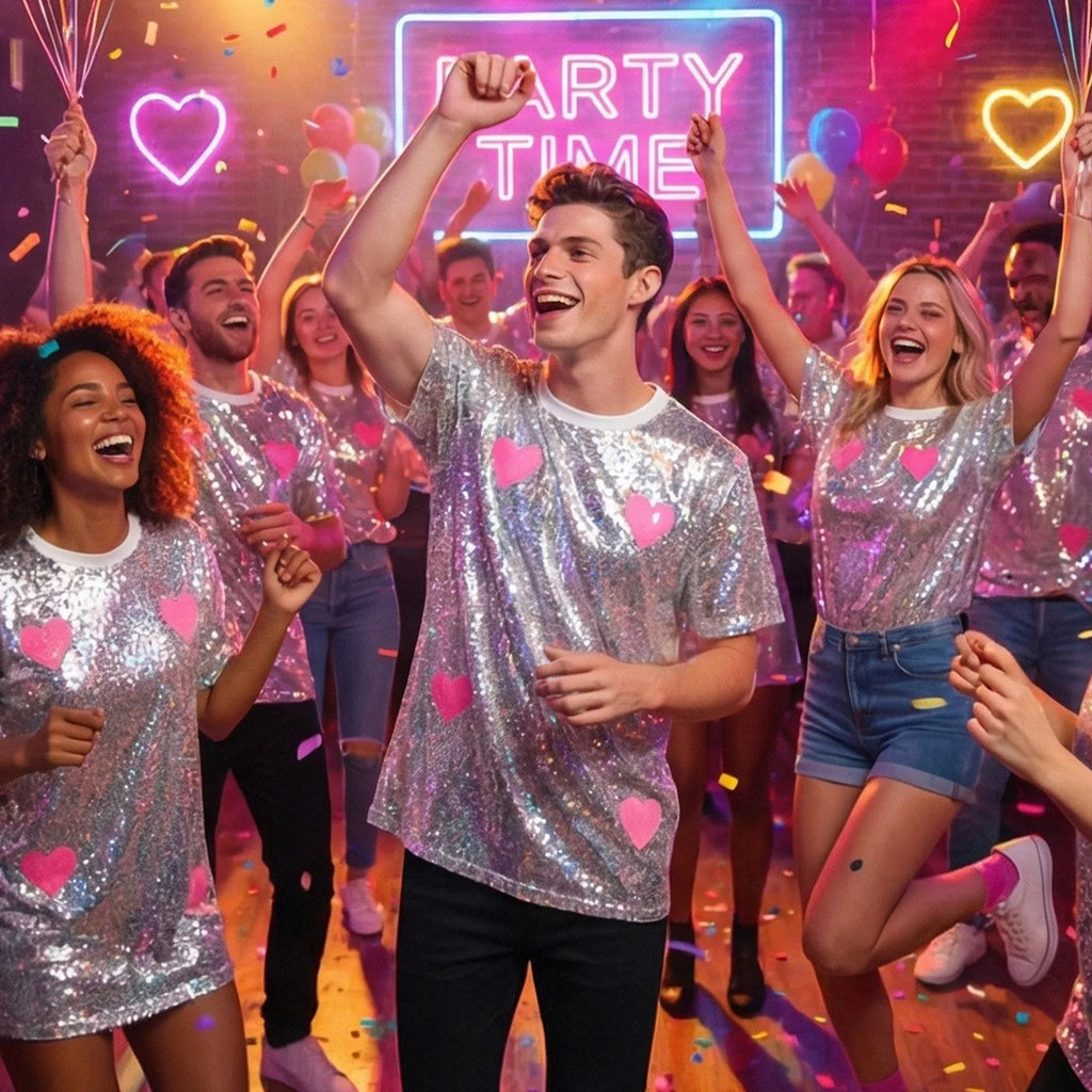Adult wearing the silver sequin heart shirt at a heart-themed party