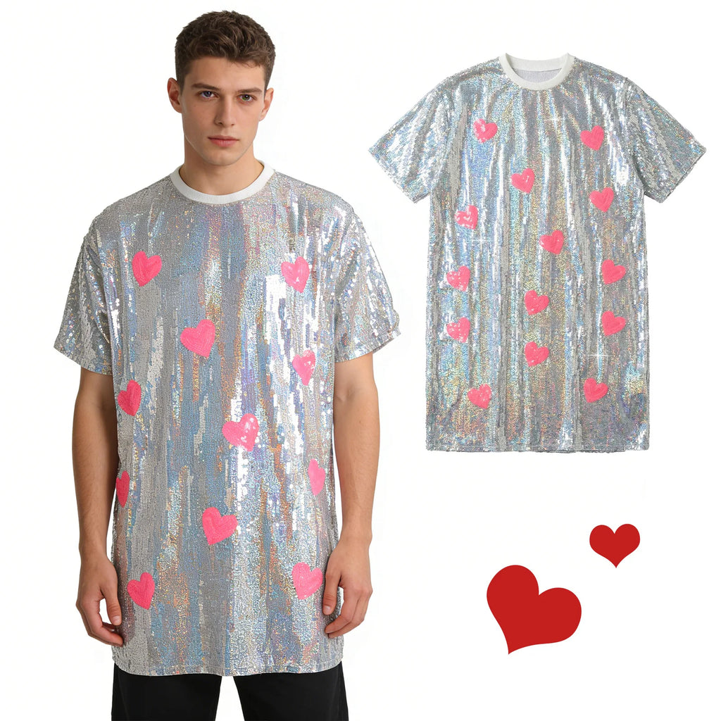 Silver sequin heart shirt shown on adult models against a white background