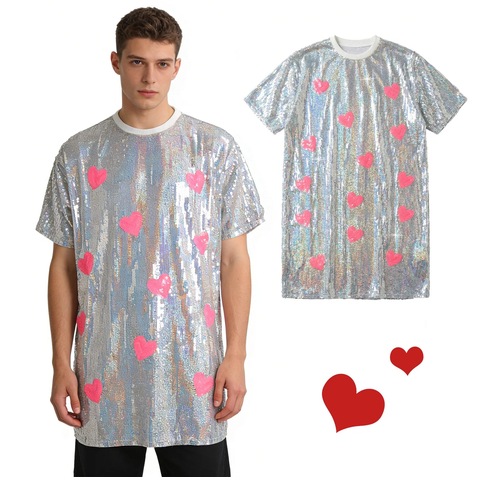 Silver sequin heart shirt shown on adult models against a white background