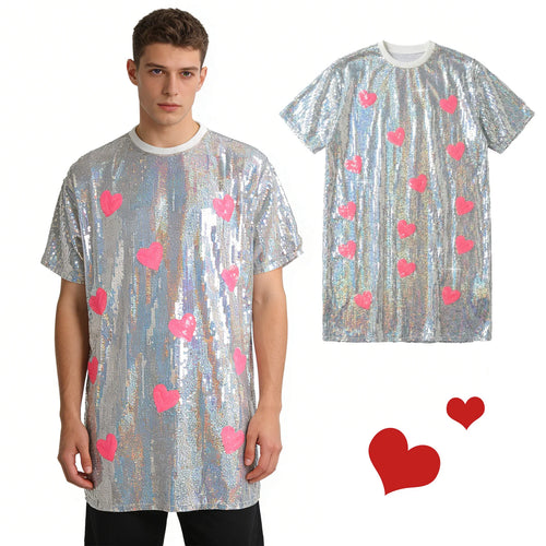 Silver sequin heart shirt shown on adult models against a white background