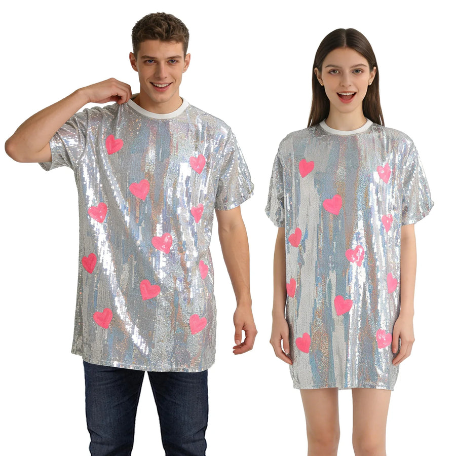 Adults wearing the silver sequin heart shirt with pink heart motifs