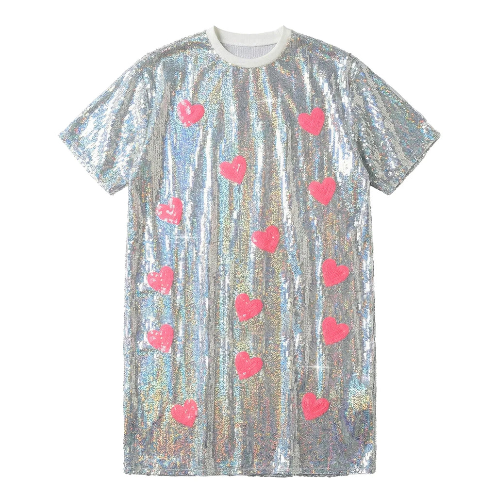 Silver sequin heart shirt shown from multiple wearing angles
