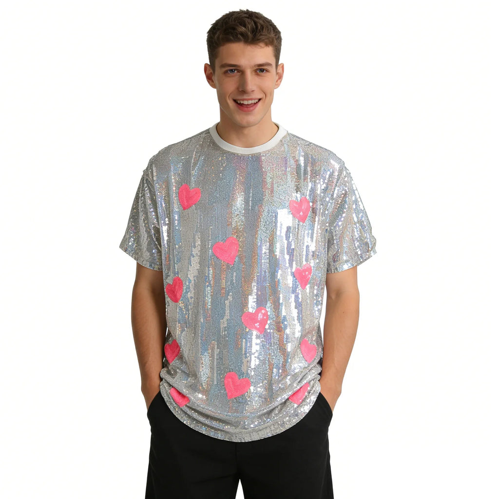 Back and side views of the silver sequin heart shirt
