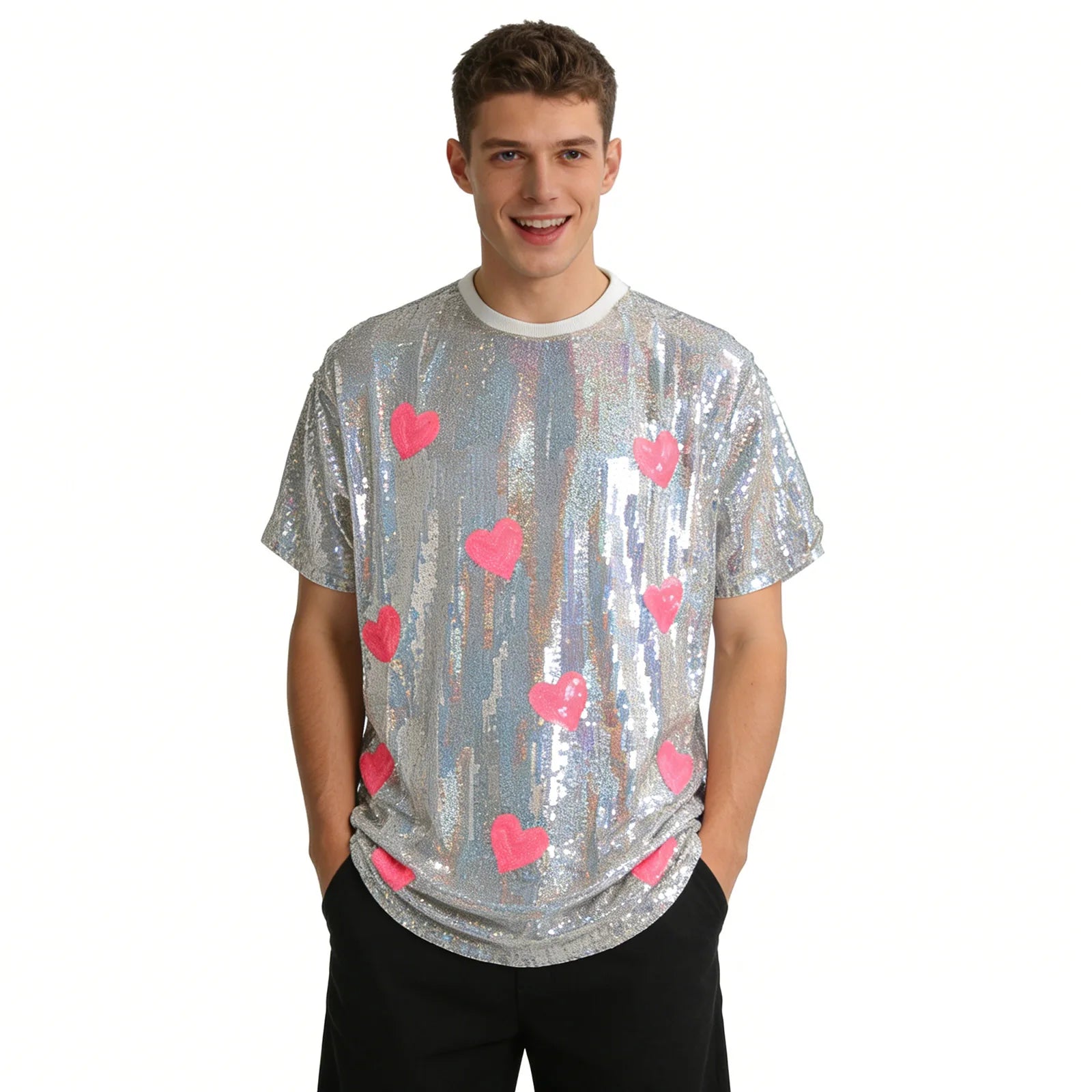 Back and side views of the silver sequin heart shirt