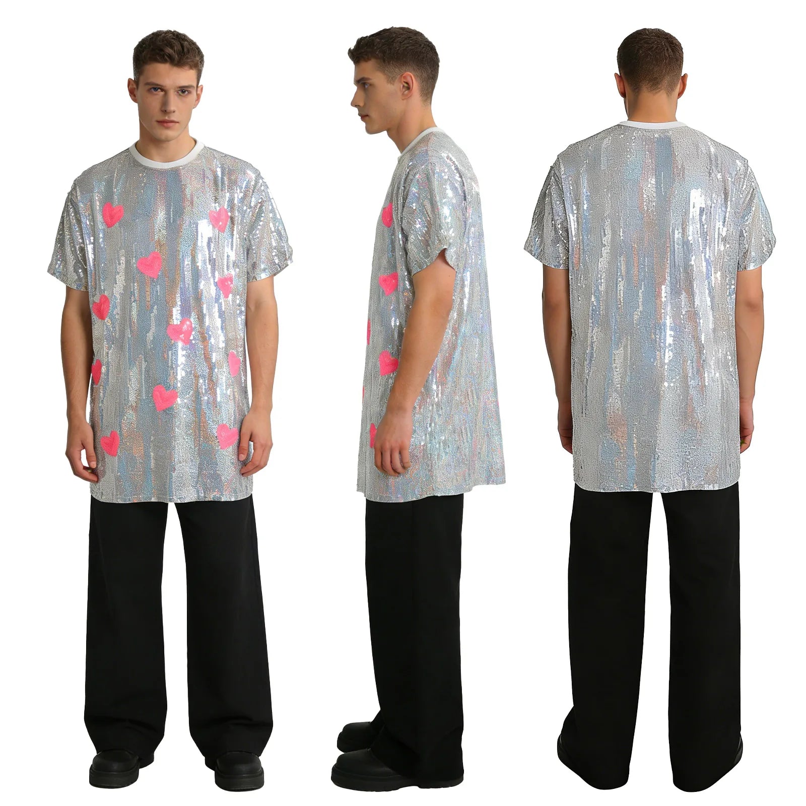 Adult models styling the silver sequin heart shirt