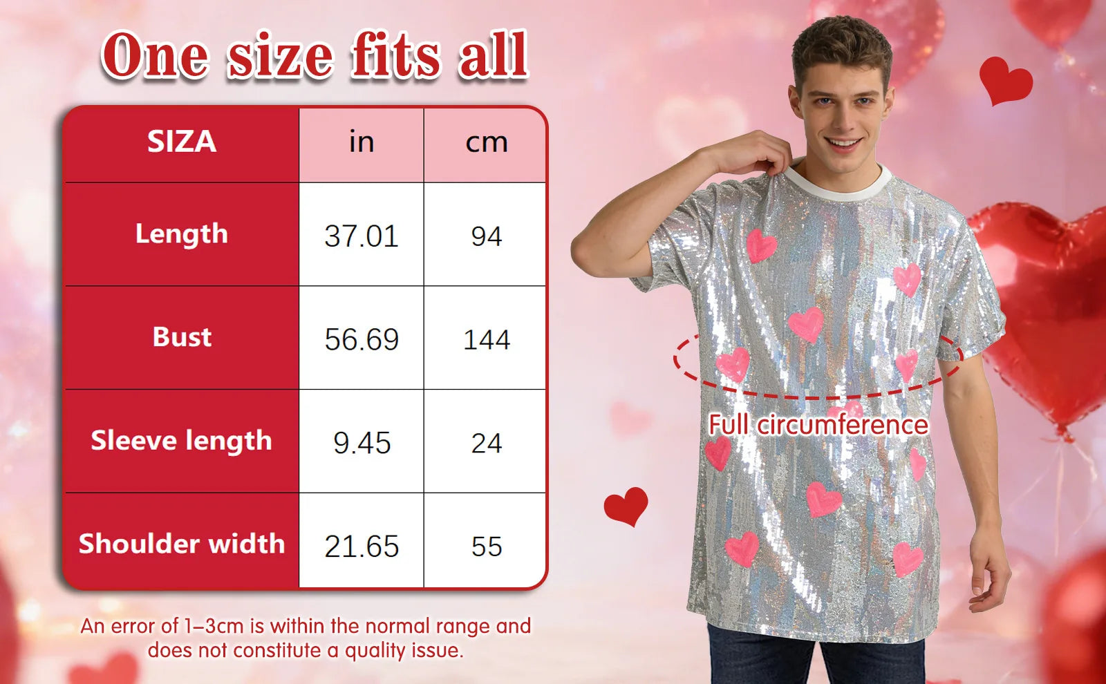 Silver sequin heart shirt garment measurements in inches and centimeters