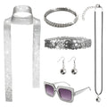 A clear product view presents a silver 70s disco accessories set for women with six coordinated pieces, with the coordinated sunglasses, headband, scarf and jewelry clearly visible.