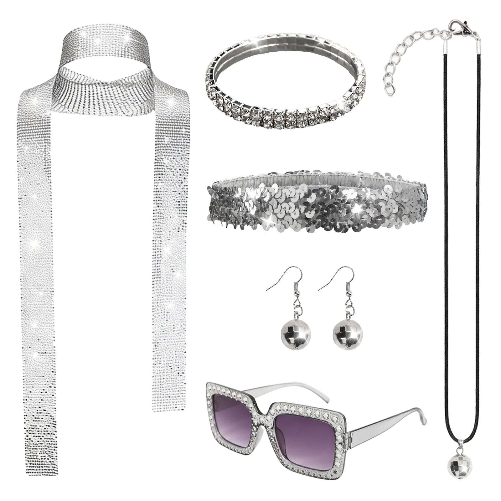 A clear product view presents a silver 70s disco accessories set for women with six coordinated pieces, with the coordinated sunglasses, headband, scarf and jewelry clearly visible.