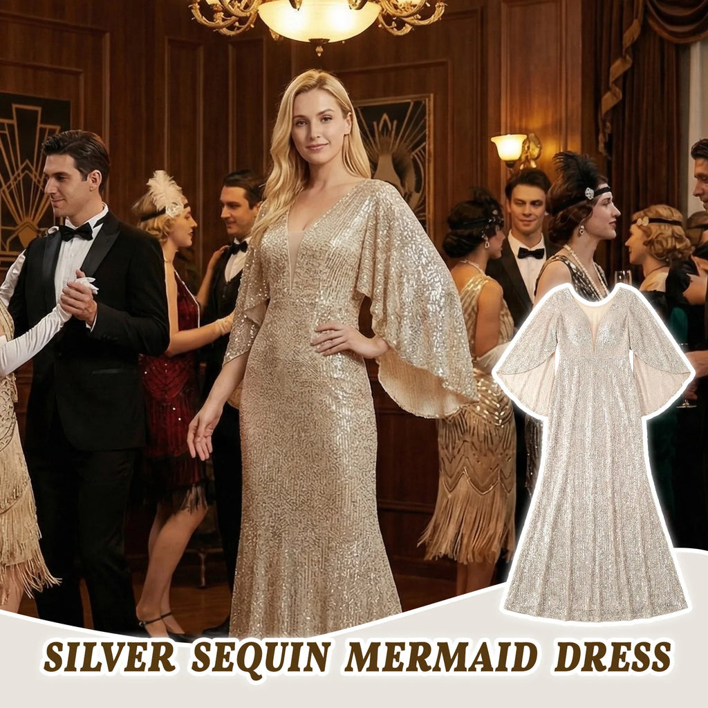 A product detail panel highlights the cape sleeves, back zipper and silver champagne sequin fabric of the silver champagne sequin mermaid gown with cape sleeves.