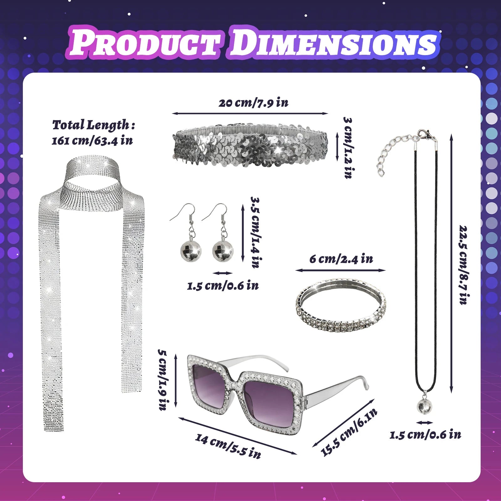 A measurement chart presents silver disco accessories dimensions for scarf headband jewelry and glasses, including the visible size information for the six-piece 70s disco accessories set.