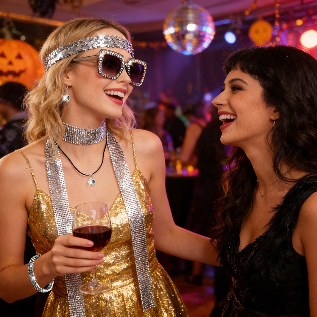 A clear product view presents a silver disco accessories styled for a dance party, with the coordinated sunglasses, headband, scarf and jewelry clearly visible.