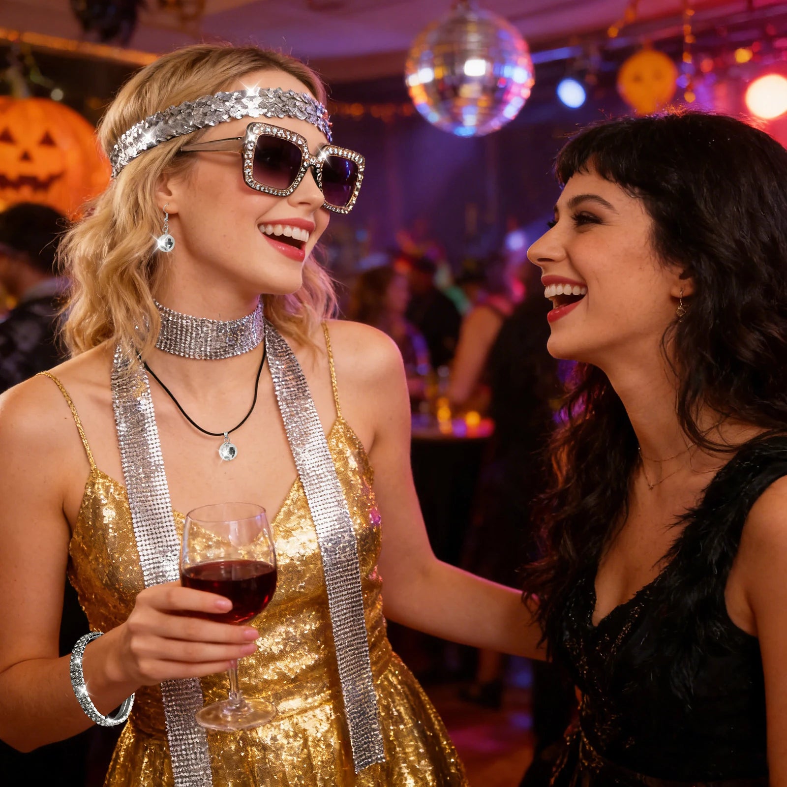 A clear product view presents a silver disco accessories styled for a dance party, with the coordinated sunglasses, headband, scarf and jewelry clearly visible.