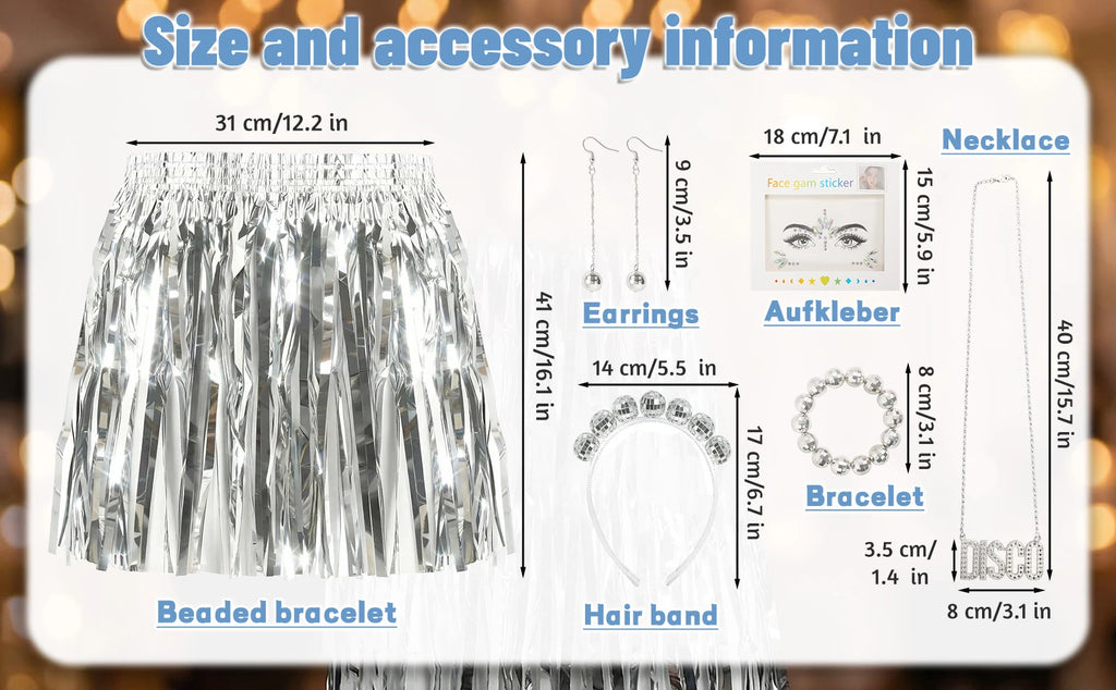 Measurement guide for the silver fringe skirt, headband, earrings, bracelet, necklace and face gems.