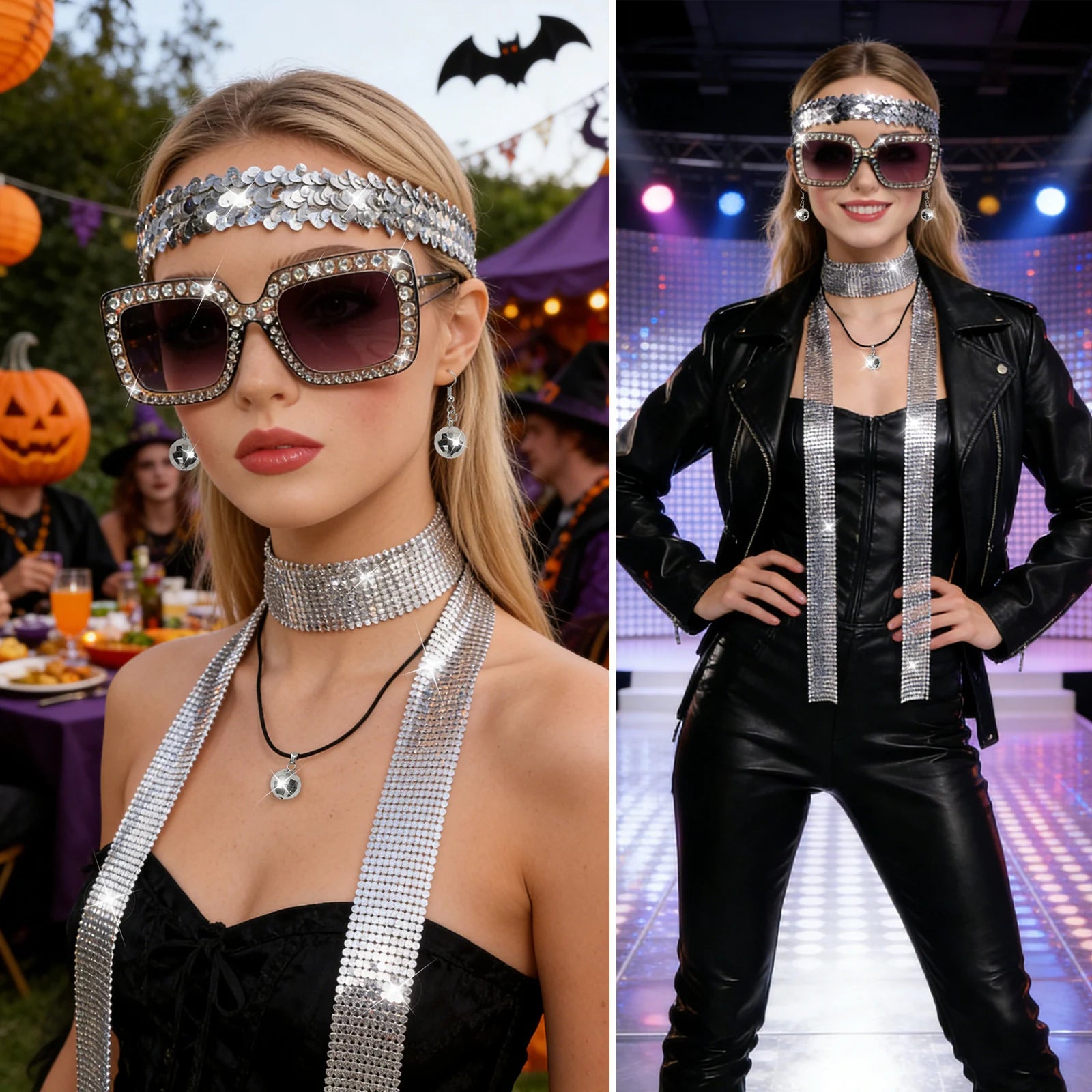 A clear product view presents a silver disco ball necklace earrings and sunglasses costume look, with the coordinated sunglasses, headband, scarf and jewelry clearly visible.