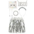 Complete six-piece silver disco costume set with fringe skirt, headband, necklace, earrings, bracelet and face gems.
