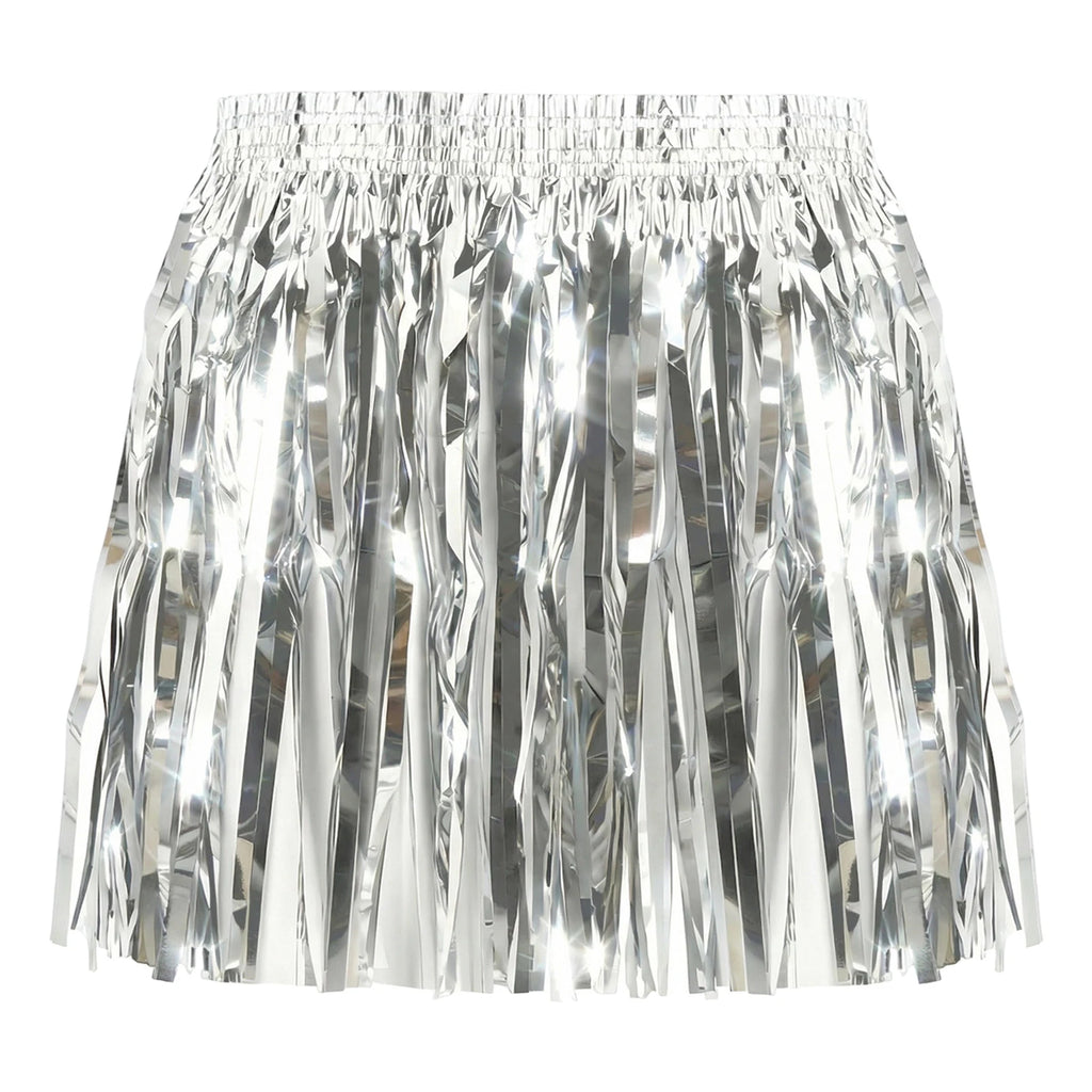Close worn view highlighting the reflective silver fringe and coordinated retro accessories.
