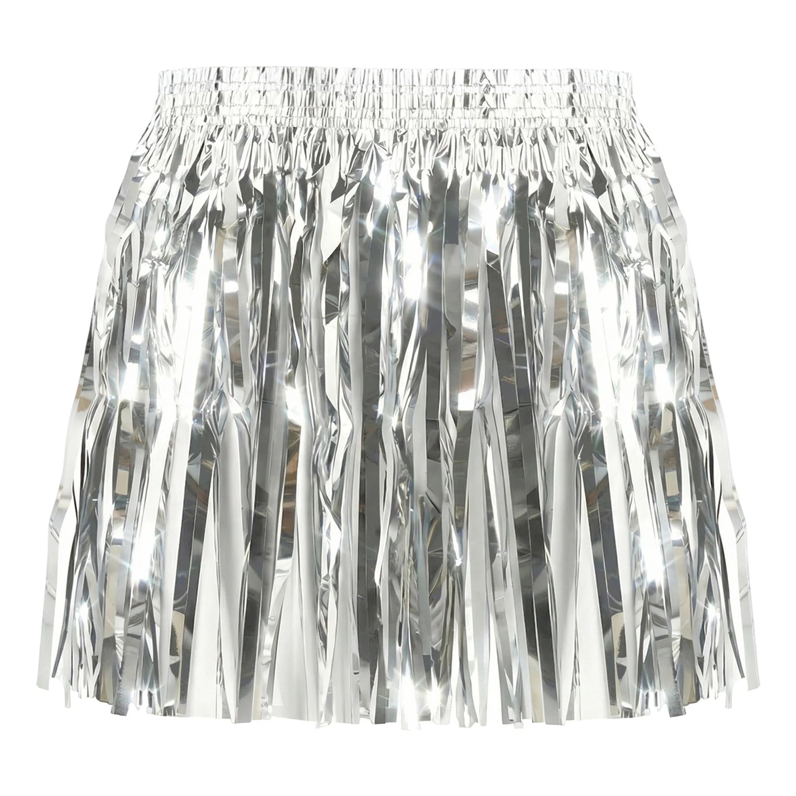 Close worn view highlighting the reflective silver fringe and coordinated retro accessories.