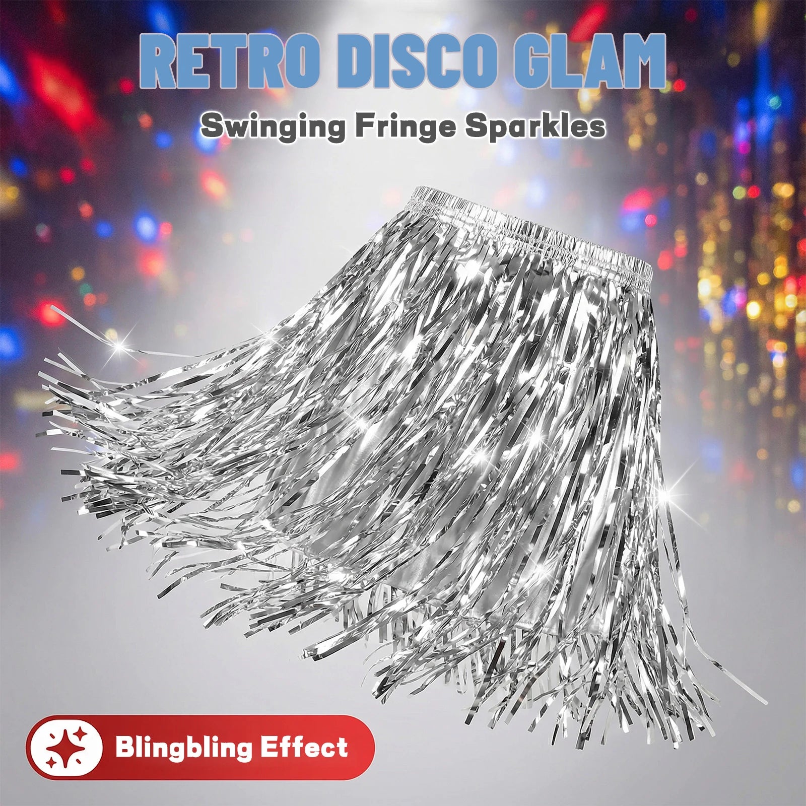 Close view of the reflective silver fringe skirt showing layered strips and swinging movement.