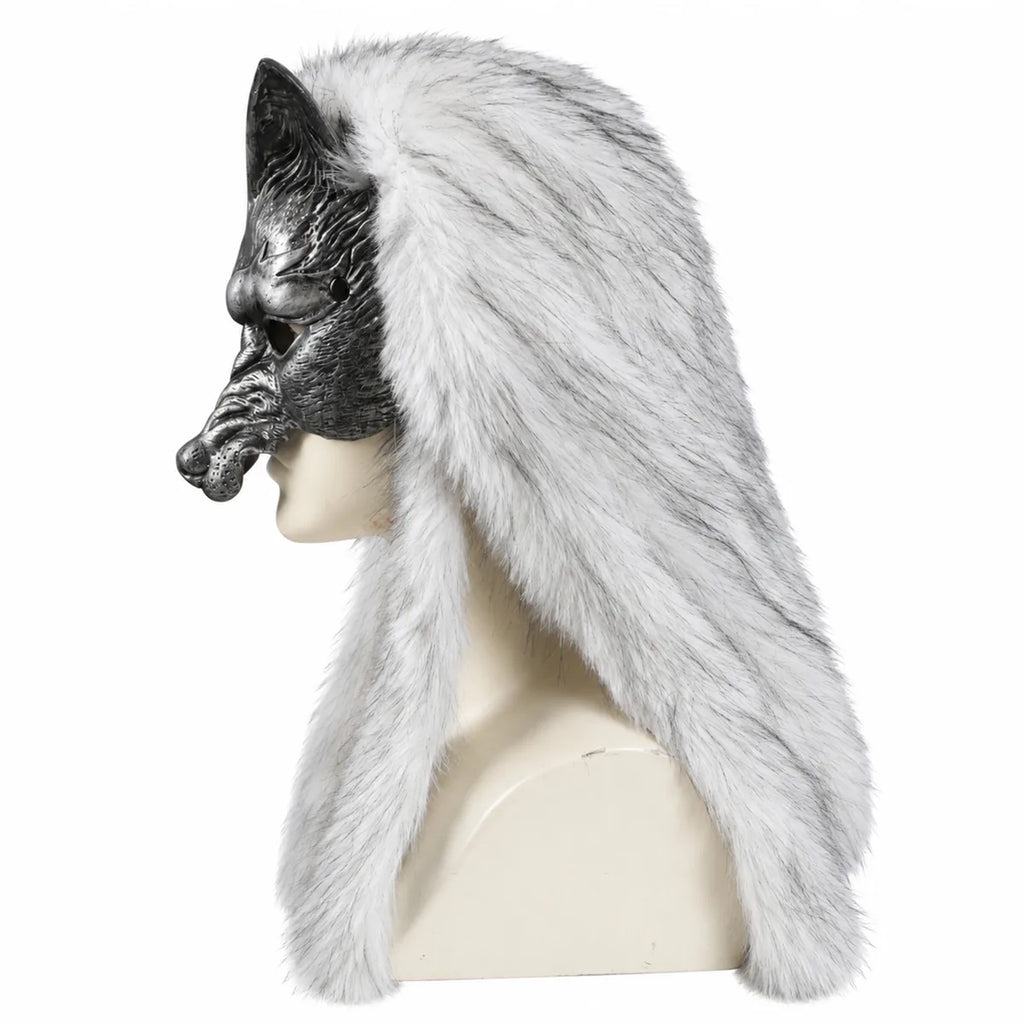 Back view of the silver fur wolf mask, showing the hood shape and fur coverage.