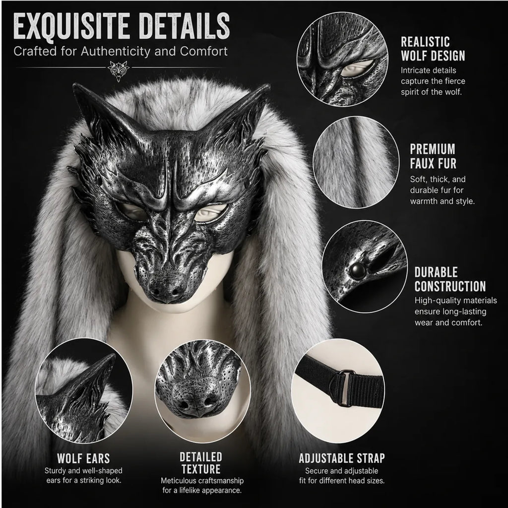 Close-up details of the silver fur wolf mask, showing visible texture, color, and construction.