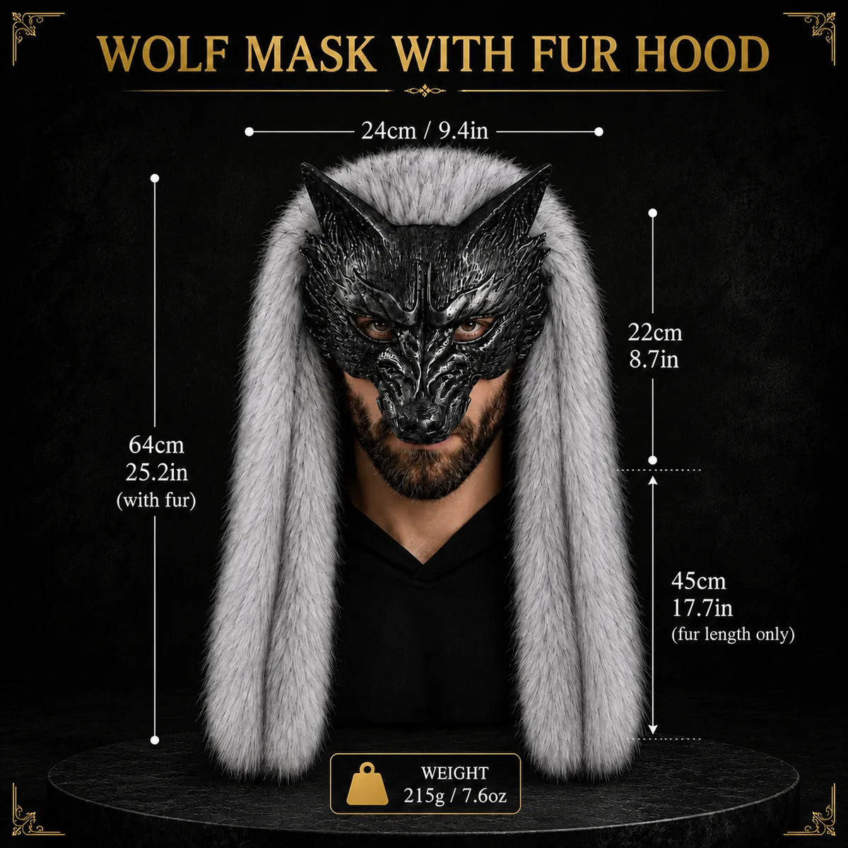 Dimension chart for the silver fur wolf mask, showing the listed product measurements and scale.