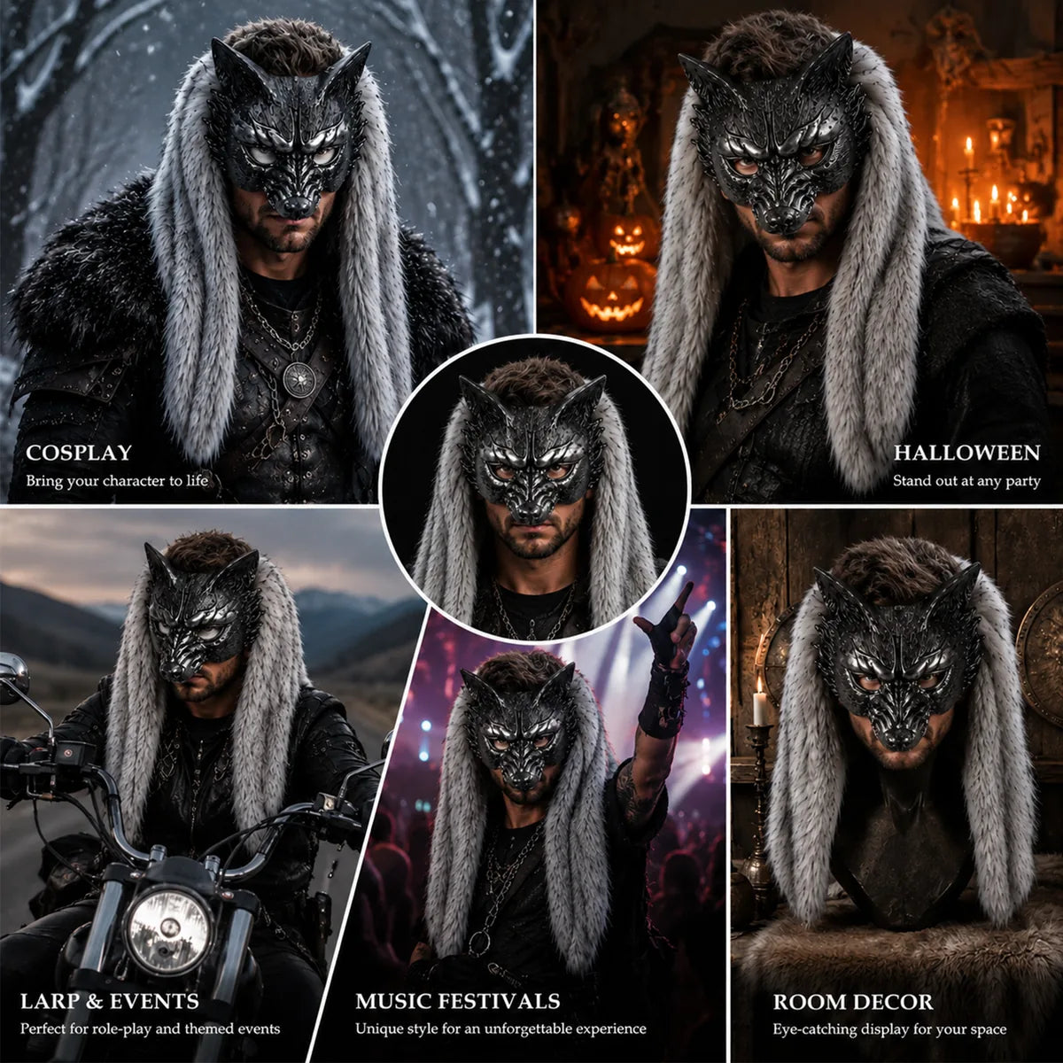The silver fur wolf mask shown across several styled Halloween and costume event scenes.