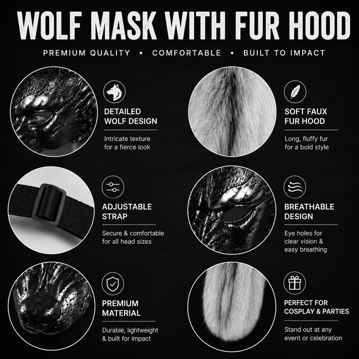 Feature graphic for the silver fur wolf mask, highlighting visible design details and costume use.