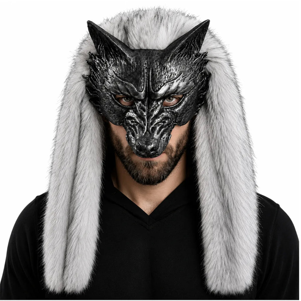 Front view of the silver fur wolf mask, showing its overall shape and visible design.