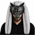 Front view of the silver fur wolf mask, showing its overall shape and visible design.