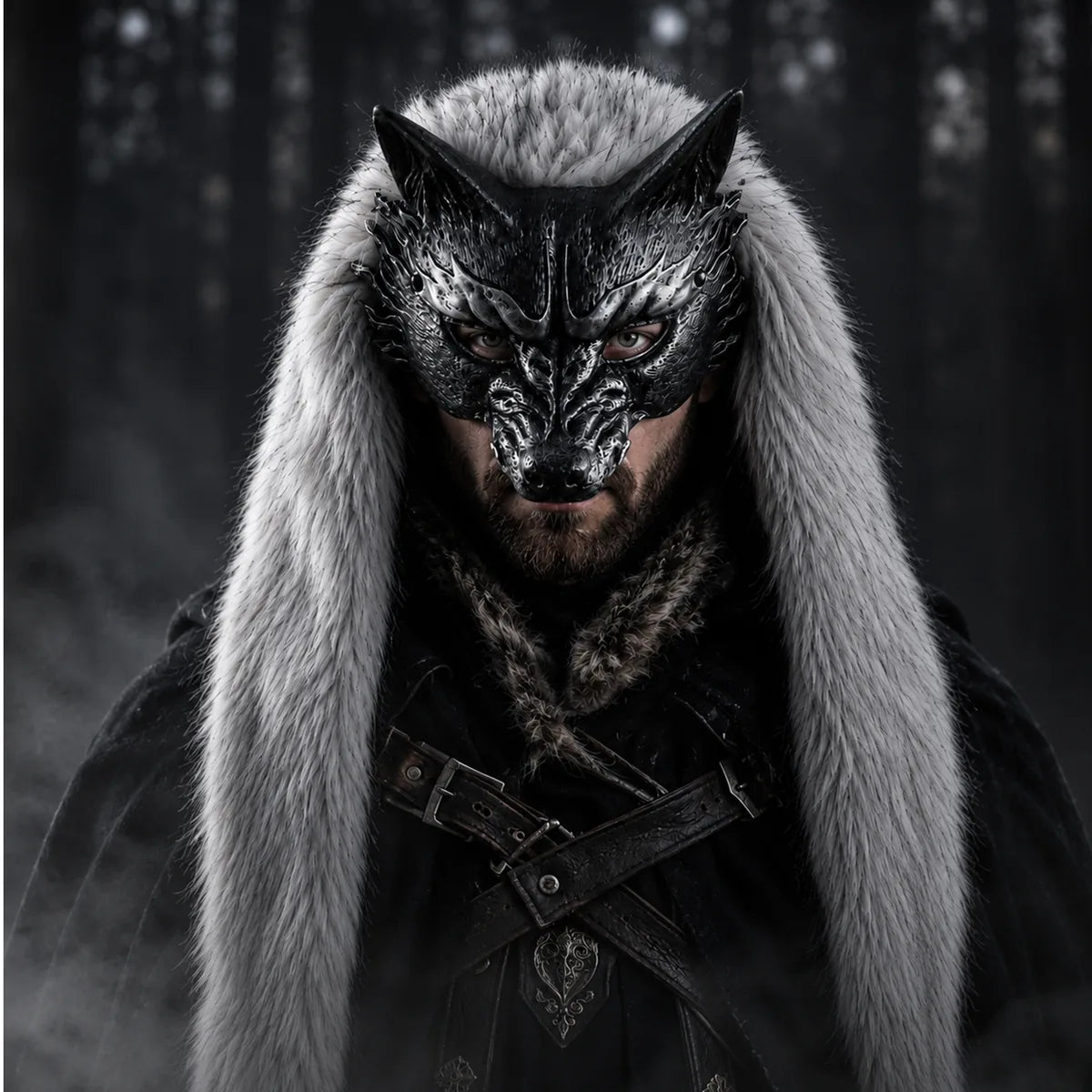 The silver fur wolf mask displayed in a styled Halloween scene for visual context.
