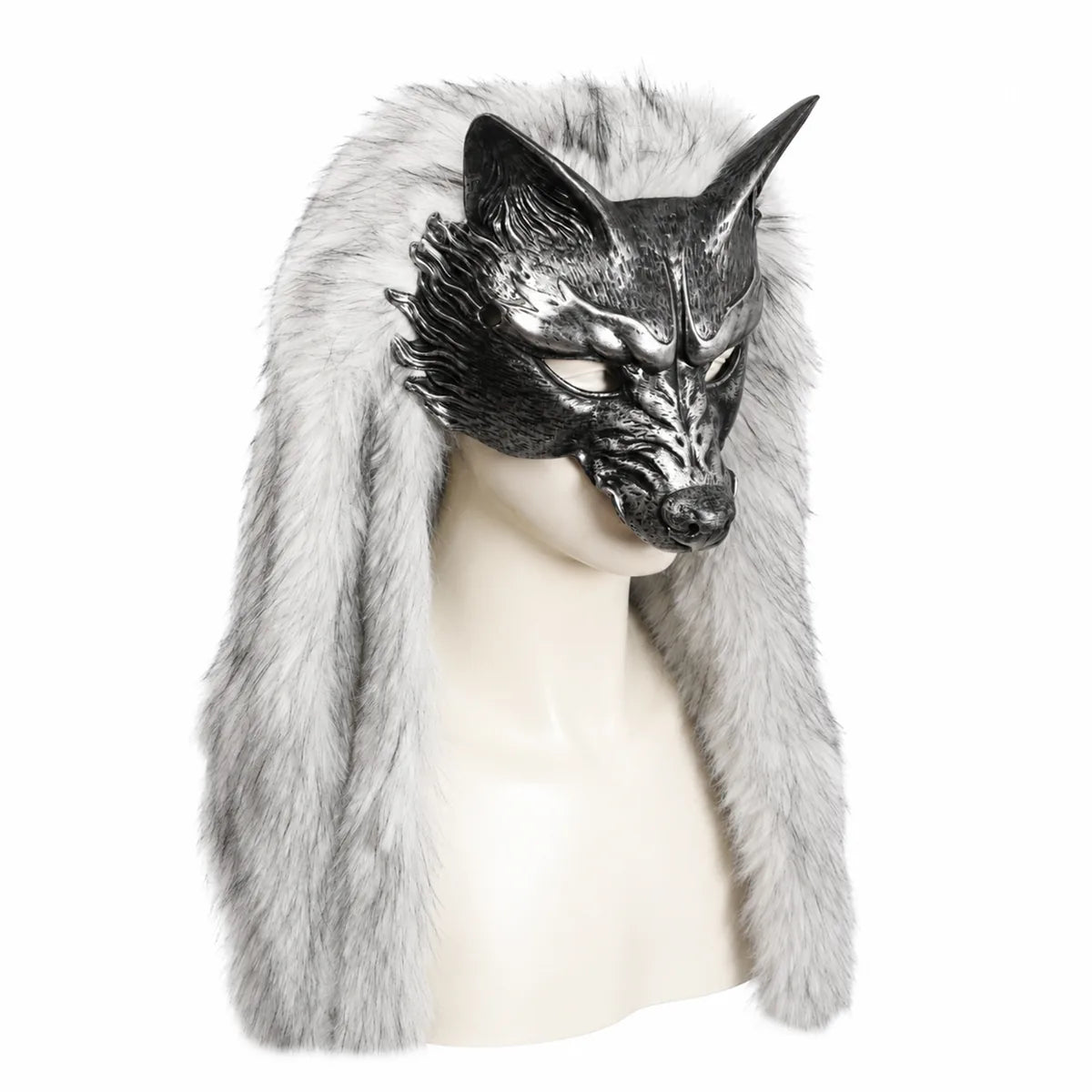 Side view of the silver fur wolf mask, showing its profile and visible fur details.