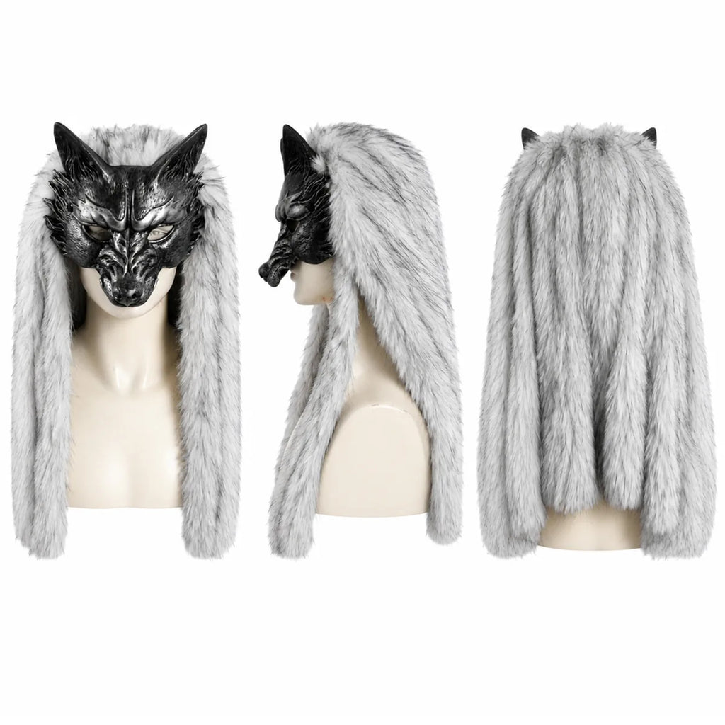 Multiple-angle view of the silver fur wolf mask, showing its shape from different sides.