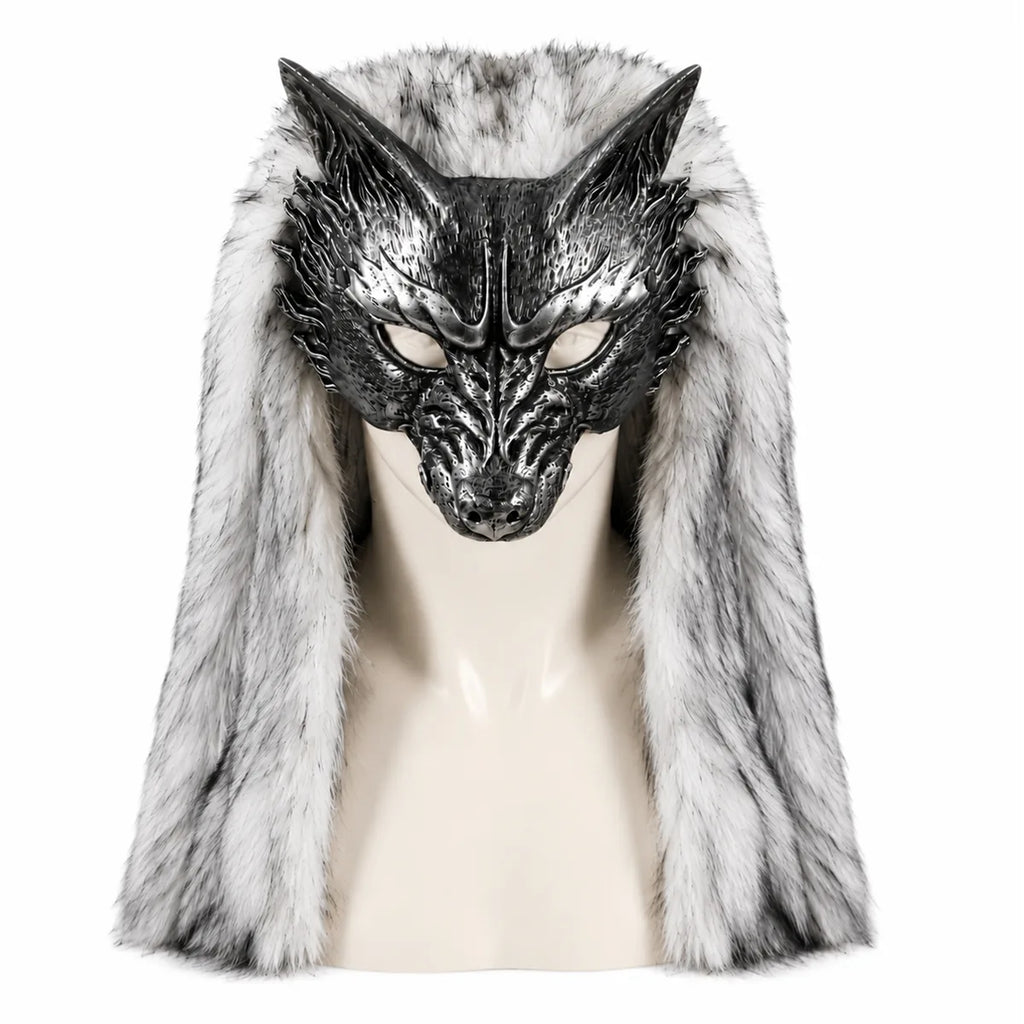 Styled view of the silver fur wolf mask, showing how the mask appears when worn.