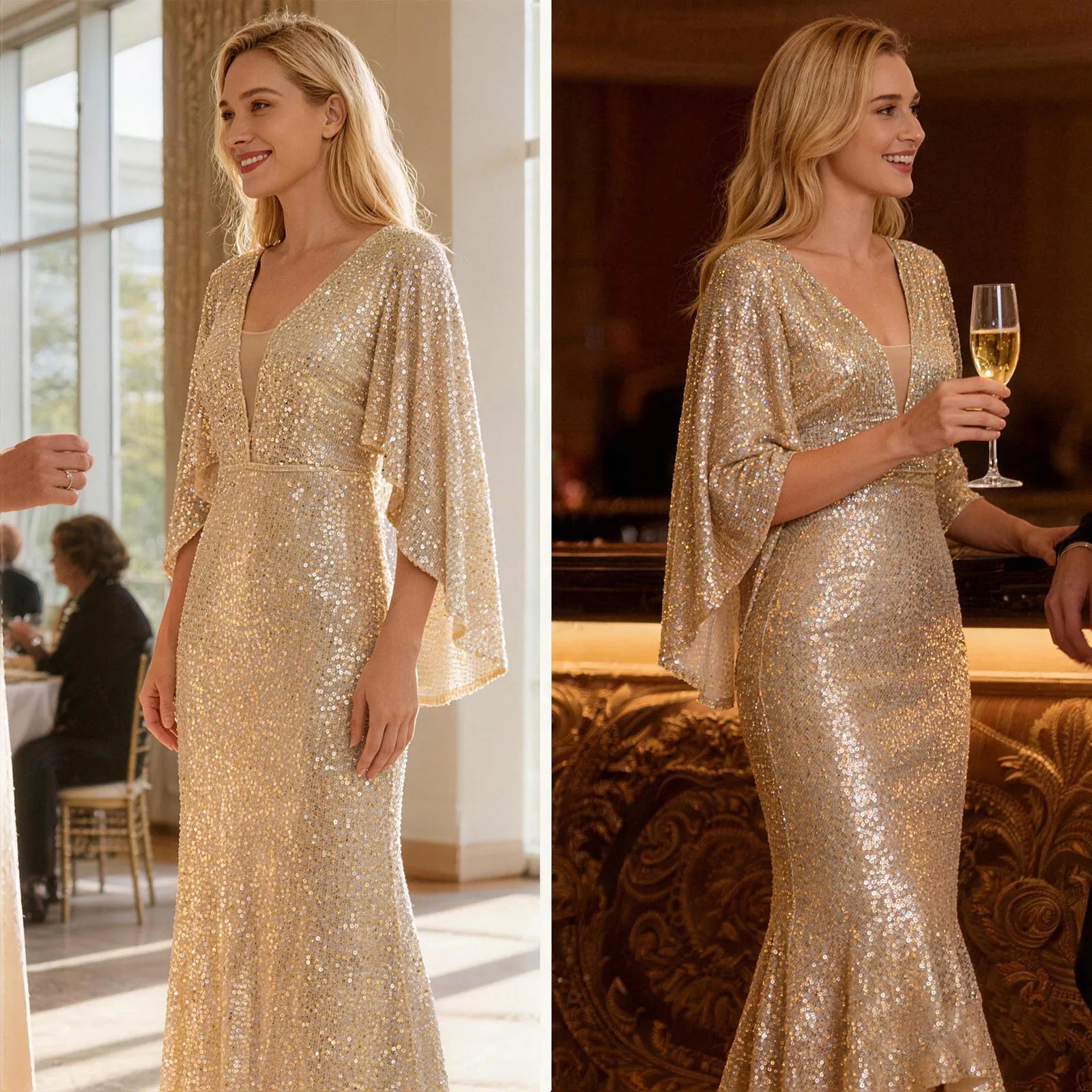 A woman wears the silver champagne sequin mermaid gown with cape sleeves in festive party settings, showing how the sequins catch the event lighting.