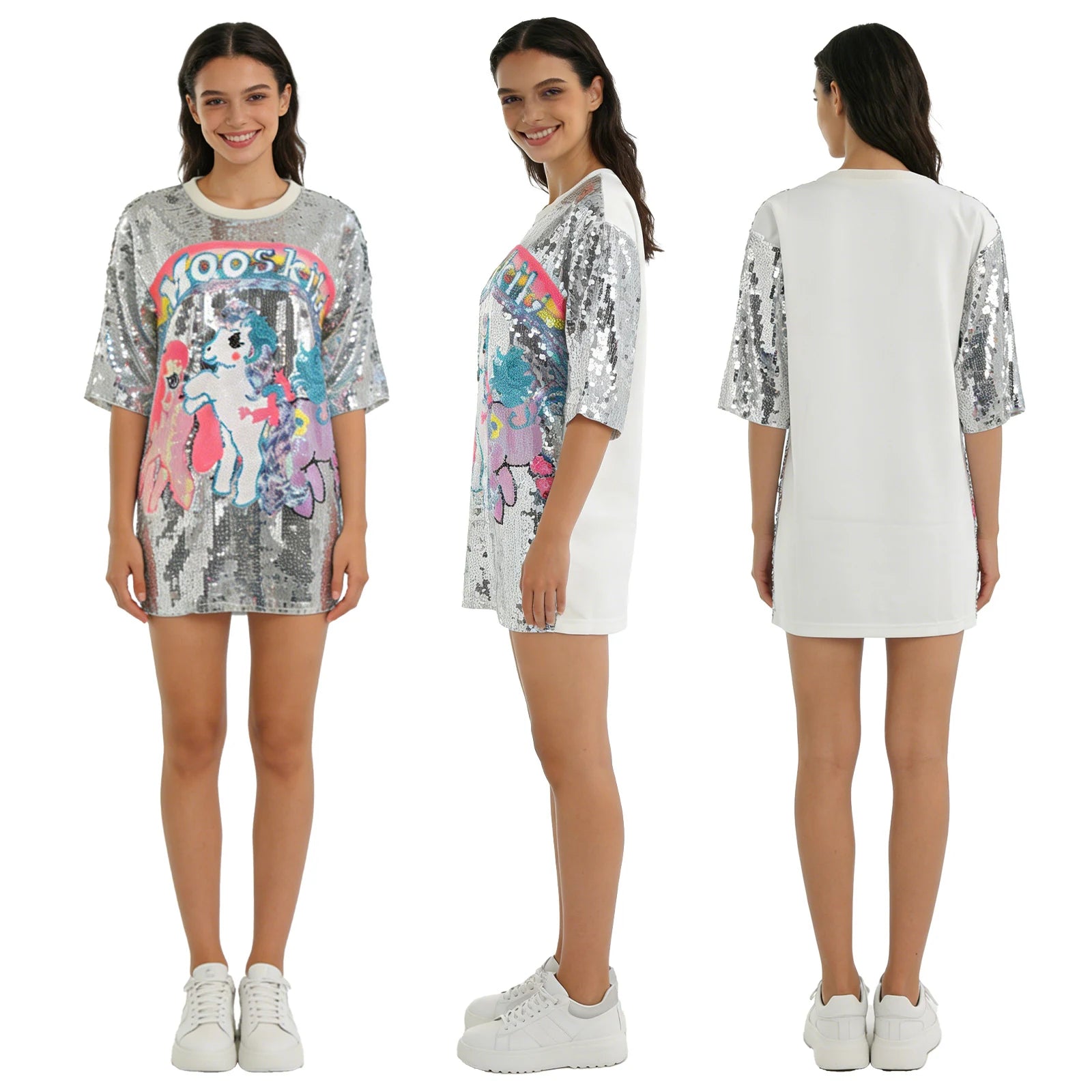 A model shows the back of the silver sequin pony T-shirt dress against a white background, highlighting its rear silhouette.
