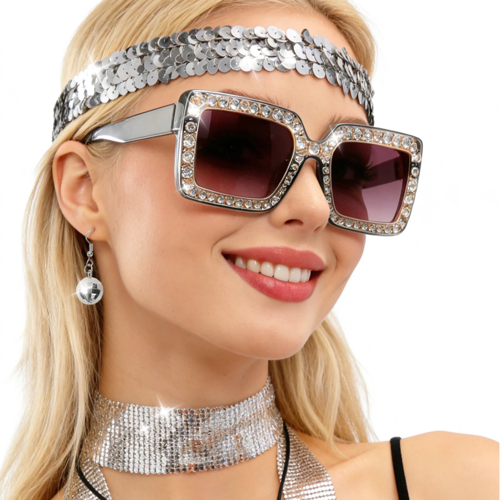 A clear product view presents a silver sequin headband and crystal scarf for a 70s party outfit, with the coordinated sunglasses, headband, scarf and jewelry clearly visible.