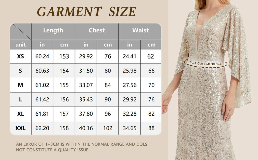 Garment size chart showing the available measurements for the silver champagne sequin mermaid gown with cape sleeves.