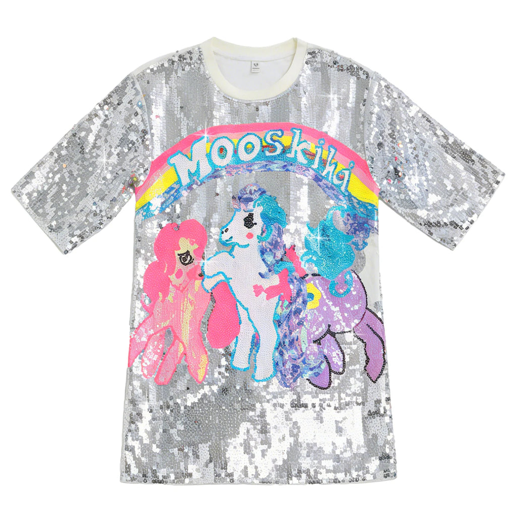 The silver sequin pony T-shirt dress is displayed flat from the front, showing the colorful pony graphic and silver sequin sleeves.
