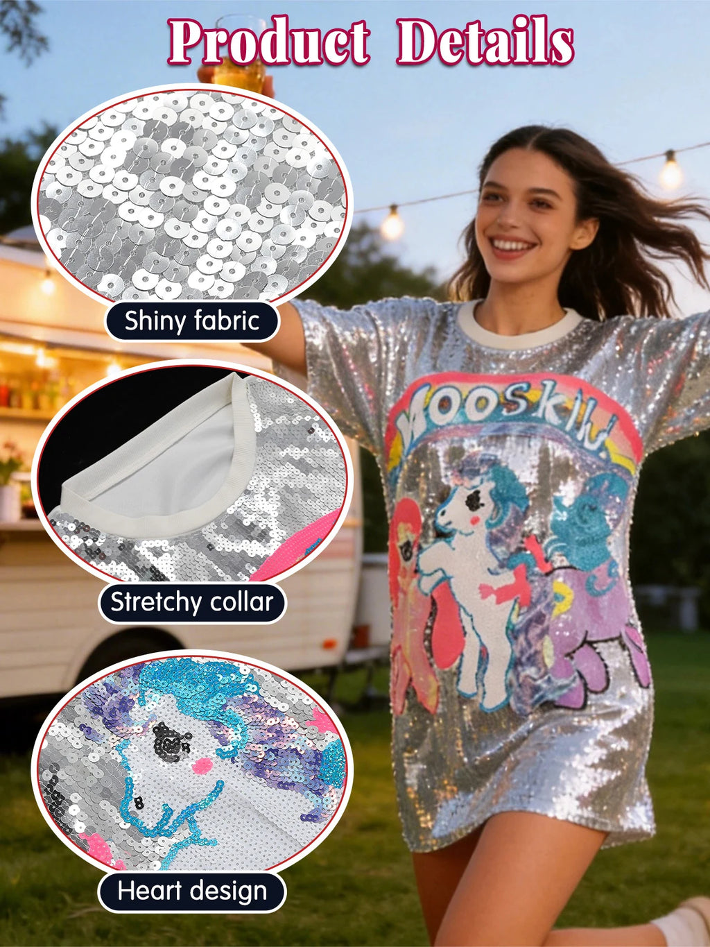 A product detail panel highlights the colorful pony graphic and silver sequin surface of the silver sequin pony T-shirt dress.