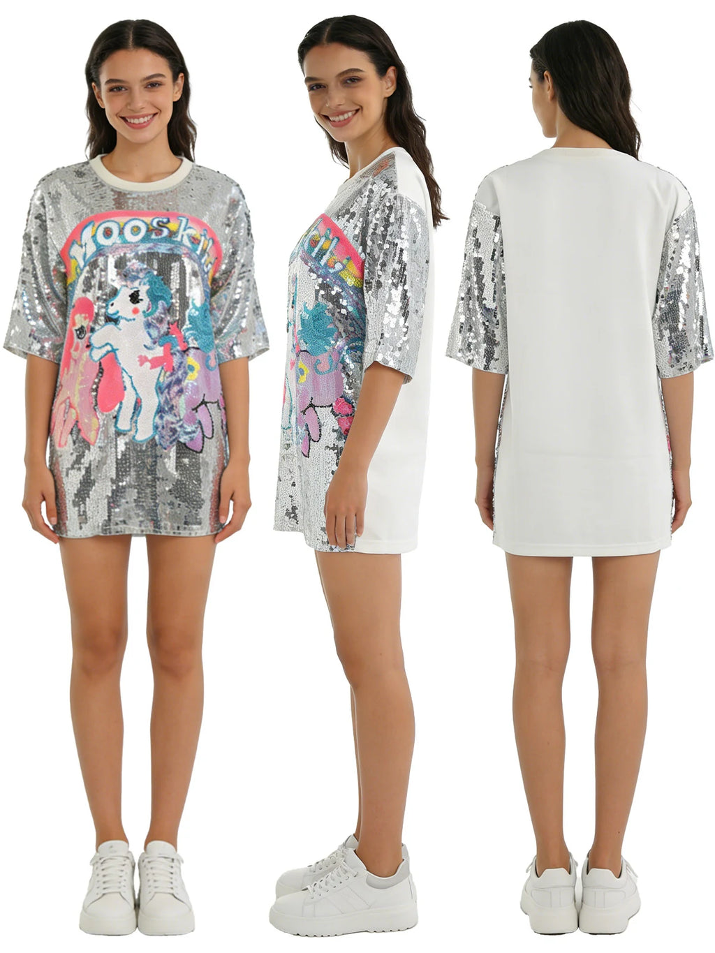 The silver sequin pony T-shirt dress is shown from the front, side and back to display its overall fit and silhouette.