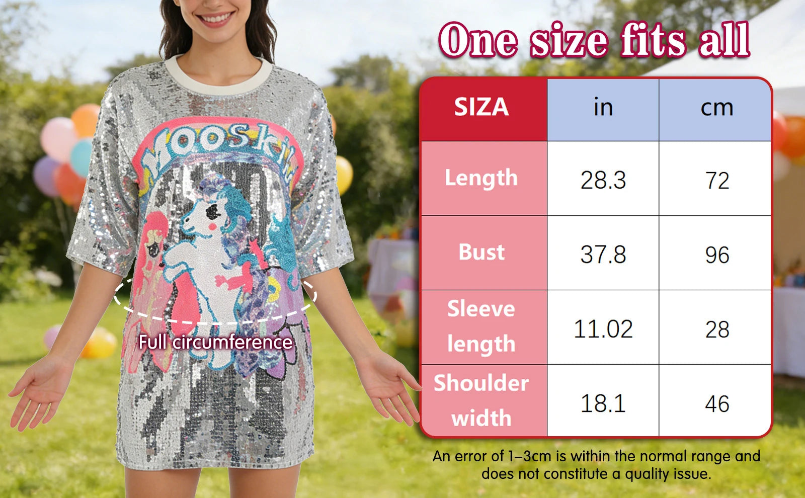 Garment size chart showing the available measurements for the silver sequin pony T-shirt dress.