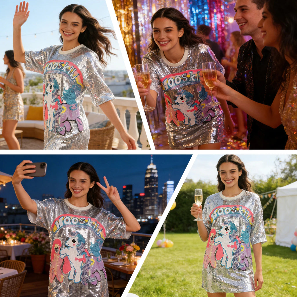 A four-scene collage shows the silver sequin pony T-shirt dress worn at daytime gatherings and evening celebrations.